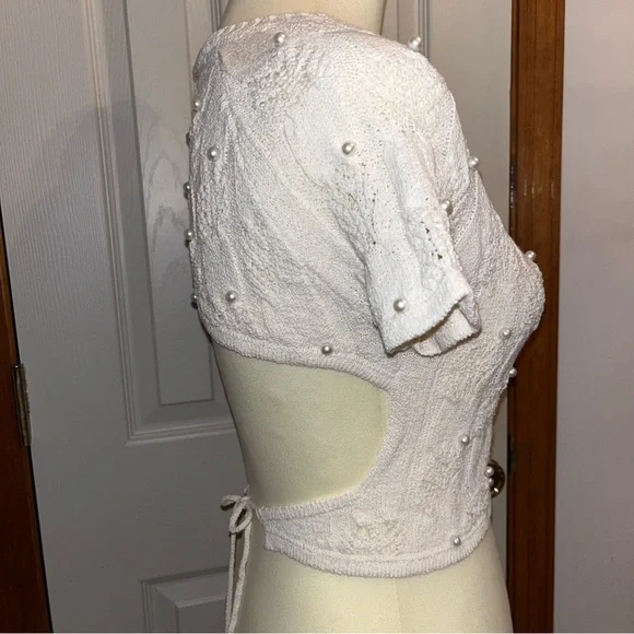 Zara Open Back Pearl Embellished Knit Crop Short Sleeve Top - Picture 5 of 11